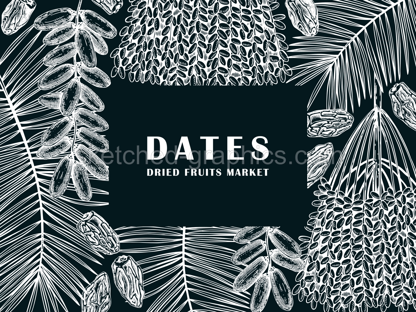 Sketched frame design with date palm leaves and dried fruits illustrations isolated on chalkboard. Hand drawn vegan food ingredients vector background. Oriental sweets sketches - dried dates banner  Illustration